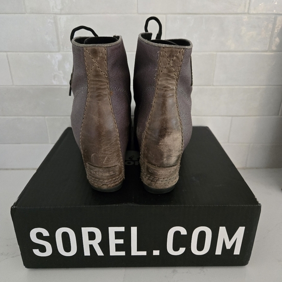 Sorel PDX Lexie Leather Canvas Wedge Lace-Up Ankle Boot Gray Brown Size 8.5 - Picture 3 of 9